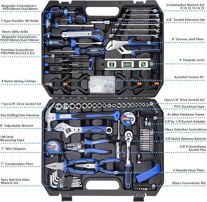 168-Piece Socket Wrench Auto Repair Tool Combination Package Mixed Tool Set Hand Tool Kit with Plastic Toolbox Storage Case
