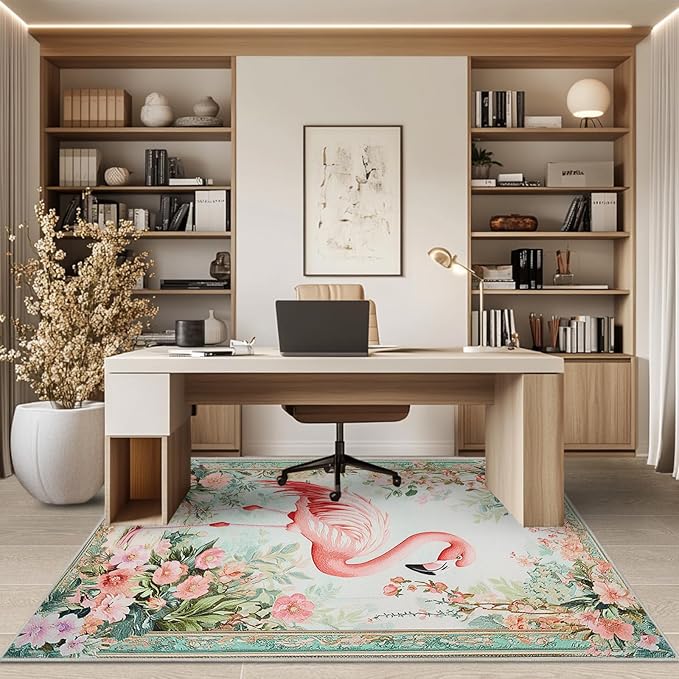 4x6 Flamingo Area Rugs Boho Floral Tropical Botanical Rug for Living Room Indoor Soft Non-Slip Thin Large Carpet Flower Rugs for Bedroom Home Decor Under Table Washable Machine
