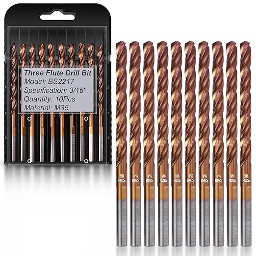 3/16" 3-Flute Cobalt Drill Bits, M35 Metal Drill Bits for Metal and Steel, 3-Flats Shank, 135 Degree Split Point, for Hardened Steel, Stainless Steel, 10-Piece