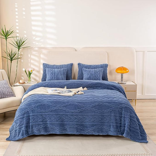 YUSOKI Sherpa Queen Size Blanket(Without Pillows)-3D Stylish Design Super Soft Blankets for Teen Girls Women Couch Bed Sofa Chair Men Boys Gift(Washed Blue,90"x90")