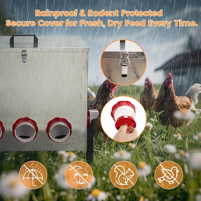 50LB Automatic Chicken Feeder with Cover – Large Capacity Metal Chicken Coop Feeder with 8 Feed Ports, Adjustable Legs Rainproof No Waste Outdoor Poultry Feeder for Hens & Free Range Flocks