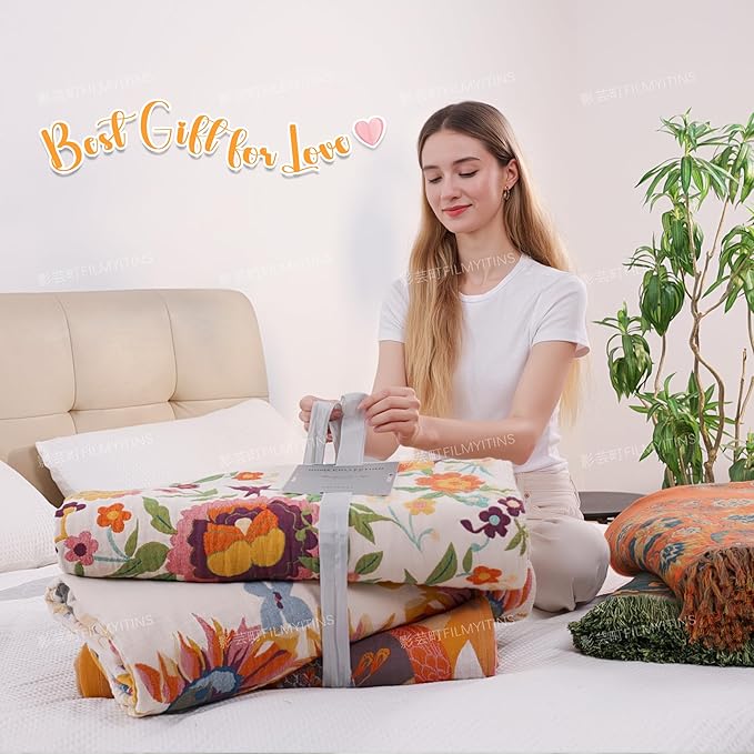 Boho Large Throw Blanket, 100% Organic Muslin Cotton Breathable Soft Bed Throw - Floral Farmhouse Decor Blanket for Sofa Couch Chair and Gift. 80" x 90"- Orange