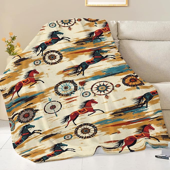 Dynova Horse Blanket Cozy Plush Western Cowboy Throw Blankets Fuzzy Flannel Fleece Cowgirl Native Gifts for Girls Boys Women Men 60"X50"