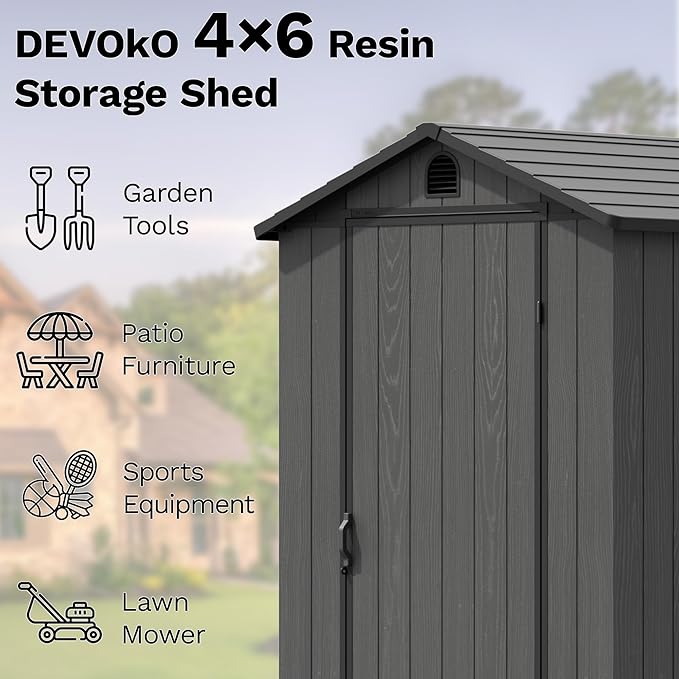 Devoko 4x6 FT Outdoor Storage Plastic Shed, Waterproof Resin Garden Shed with Lockable Door, Floor & Window, All-Weather Tool Shed for Backyard, Patio, Lawn, Poolside, Dark Gray