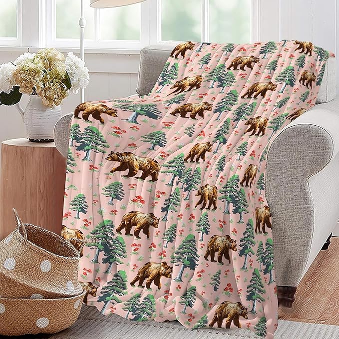 Bear Blanket Rustic Forest Bear Throw Blanket Super Soft Plush Lightweight Warm Fleece Flannel Mushroom Log Cabin Decor Blanket Gifts for Baby Kids Girls Women Boys for Sofa Couch Bed 40"X50"