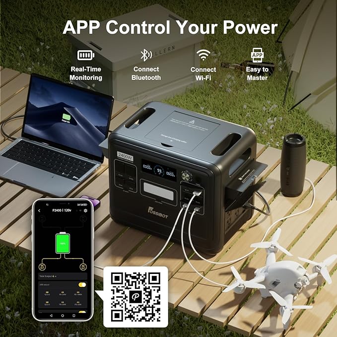 FOSSIBOT Portable Power Station F2400,2048Wh LiFePO4 Battery with 6×2400W(Surge 4800W),1.5H Fast Full Charging with LED Flashlight,Solar Generator for Home Use Camping RV Emergency