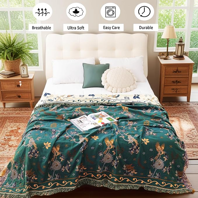 Boho 100% Cotton Large Throw Blanket - All Season Rustic Ultra Soft Breathable Floral Bird Blanket for Bed Sofa Couch Chair Bedspread Quilt Gift, 80" x 90"-Teal/Beige