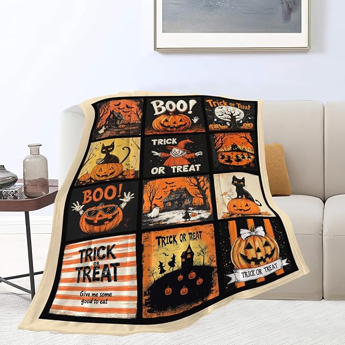 Halloween Blanket, Pumpkin Black Cat Fleece Flannel Throw Blanket, Trick or Treat Soft Lightweight Stuff Throws Gifts for Women Men Boys Girls Lovers Adults Lovers Sofa Decor 60"x50"