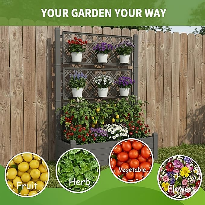 5.3' Tall Raised Garden Bed with Trellis, Outdoor Resin Plant Stand Planter Box with Drainage Plug for Veg/Fruits/Herb/Flower Best Choice for Backyard, Patio, Balcony (Coffee, 2 Pack)