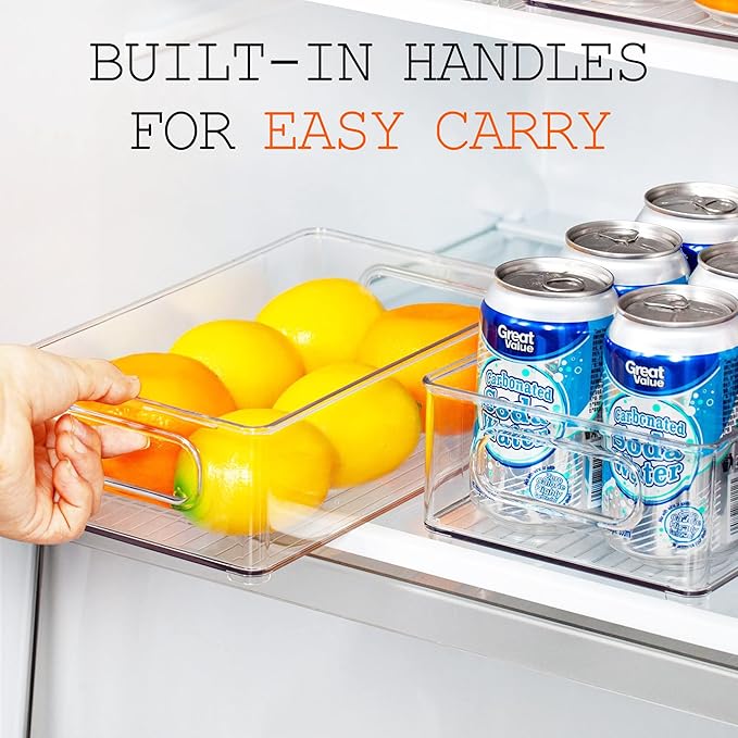 LotFancy Refrigerator Organizer Bins, 4 Pack,10x6x3 in, BPA Free Clear Plastic Storage Bins for Pantry Organization, Stackable Containers with Handles for Fridge, Kitchen Drawer, Freezer, Cabinet