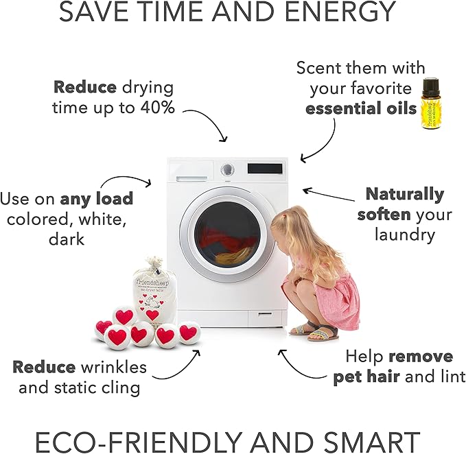 Friendsheep Wool Dryer Balls, Organic Reusable Fabric Softener Alternative for Laundry, Handmade, Fair Trade, Hypoallergenic, Eco-Friendly, Plastic-Free (6 Pack XL – One Love)