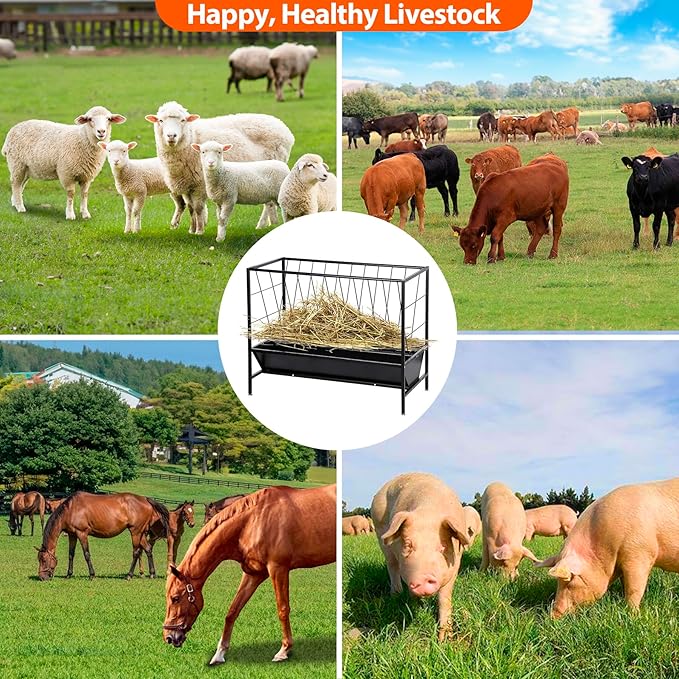 Pasture Hay Feeder 45 Gallon, Heavy-Duty Hay Grain Livestock Feeder with 24 Gallon Feed Pan, Livestock Feeding Trough Quick to Assemble, Feeding Goats, Calves, Cow, Horse for Farms