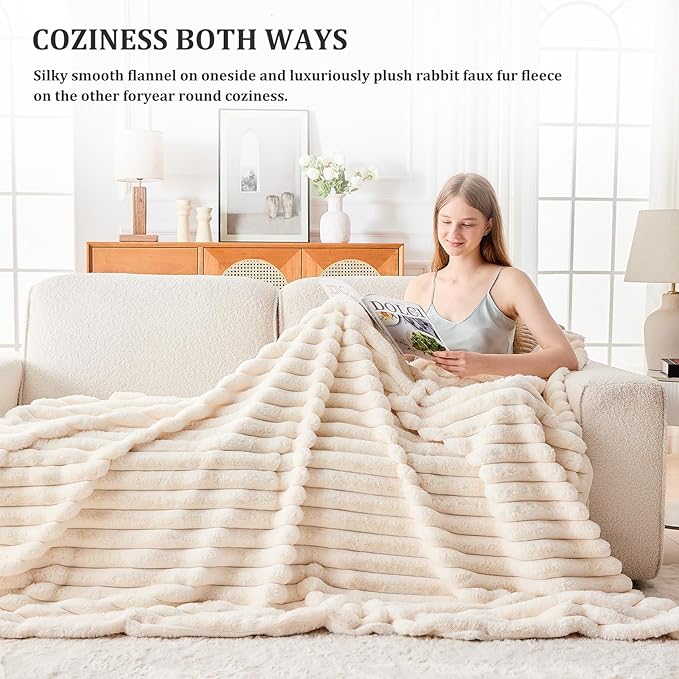 Faux Fur Queen Blanket for Couch, 1000 GSM Cozy Fuzzy Fluffy Soft Plush Thick Bubble Sherpa Blanket for Sofa Bedroom Living Room, Mothers Day Birthday Gifts for Women Home Decor