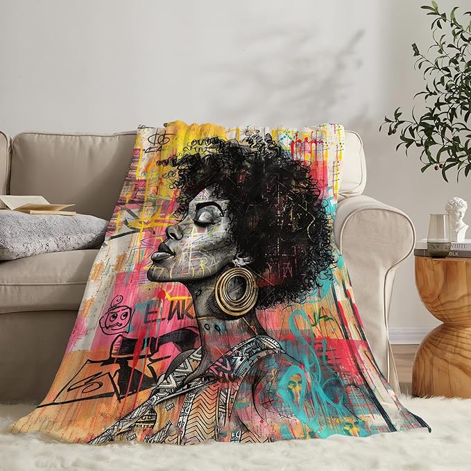 African American Blanket Gifts for Girls Women Soft Warm Plush Black Girl Woman Throw Blanket Flannel Fleece Fuzzy Banksy Stuff Blanket for Bed Couch Living Room Decor 60"X50"