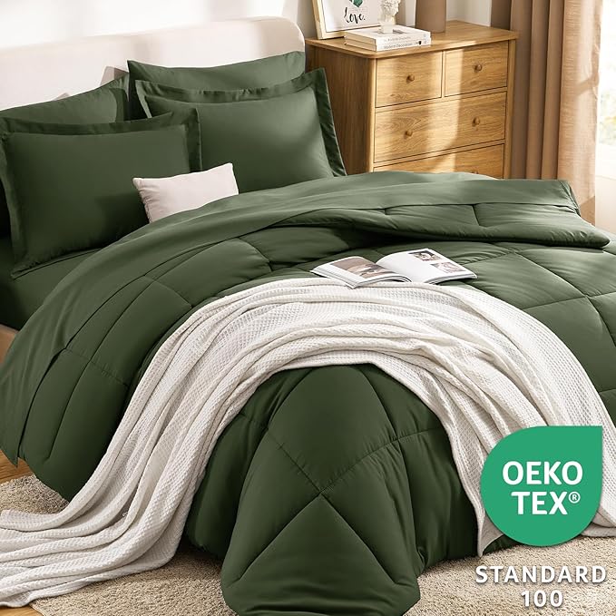 CozyLux Full Size Comforter Sets Olive Green - 7 Pieces Bed in a Bag Full, Oeko-Tex Certified Bed Set, All Season Soft Bedding Set with Down Alternative Comforter, Sheets, Pillowcases & Pillow Shams