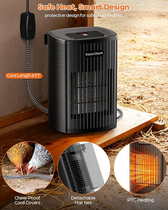 Smart Chicken Coop Heater With Thermostat, 600W/300W Winter Chicken Heater for Inside Coop, Dog House, Built-in Adaptive Temperature Sensor, Adjustable Temp, 6.5Ft Anti-Chew Cord, Memory Function
