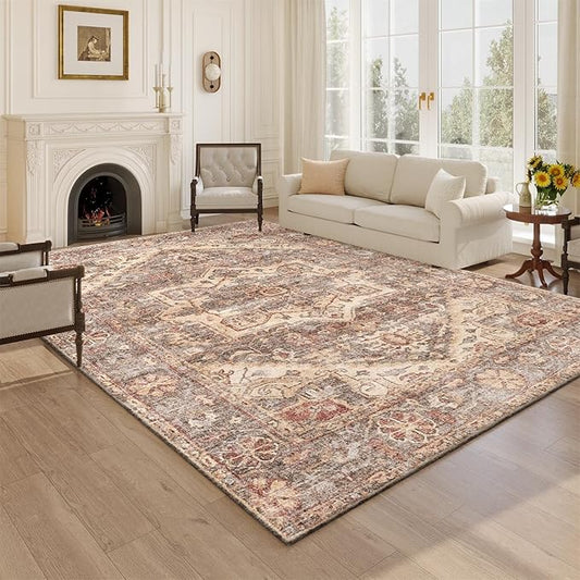 Area Rug 4x6 Living Room,Machine Washable Rugs,Stain Resistant Soft Thin Non-Slip Floral Carpet, Boho Vintage Home Decor,for Indoor Bedroom,Office,Farmhouse,Dining,Dorm