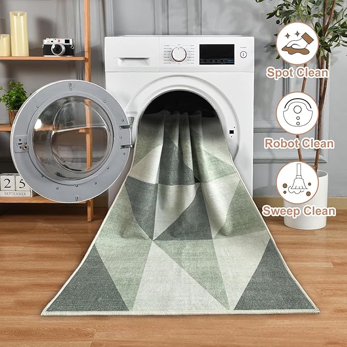 Green Washable Runner for Hallway Bedroom 2x6 Modern Abstract Geometric Non Slip Rug Low Pile Indoor Floor