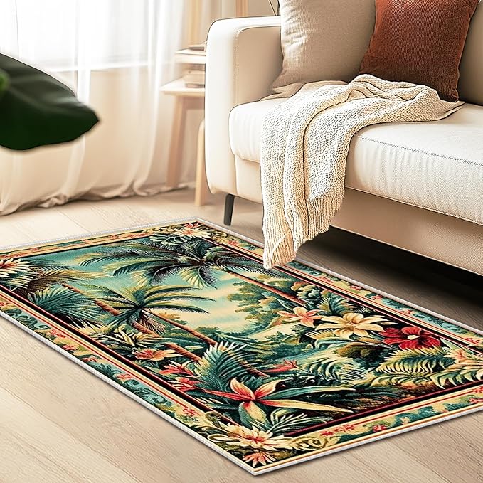 3x5 Tropical Rainforest Area Rugs Boho Forest Rug for Bathroom Kitchen Entryway Indoor Soft Non-Slip Thin Hippie Carpet Small Green Doormat for Office Dining Room Under Table Washable Machine