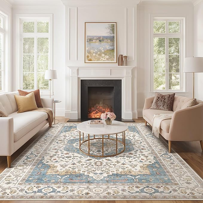 Area Rug for Living Room - 6x9 Soft Washable Oriental Vintage Floral Distressed Large Carpet - Fade Stain Resistant Non Slip Rugs for Bedroom Dining Room Nursery Dorm Office Home Decor - Blue/Beige