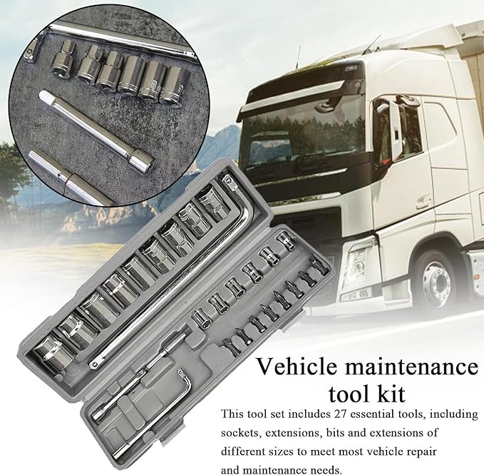 Mechanic Socket Set | 27-Piece Ergonomic Heavy Duty Professional - Full Socket Home Tool Kit with Storage Case - for Automotive Truck Home Workshop Garage Repair Maintenance Daily Care