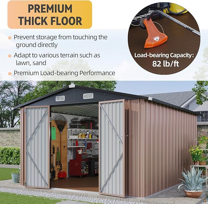 Aoxun 10x12 Shed with Brown Floor Galvanized Steel Outdoor Storage Shed Metal Garden Shed with Moisture-Proof Floor & Ventilation, Sloped Roof for Bike/Generator/Tool Storage (Brown Floor Included)