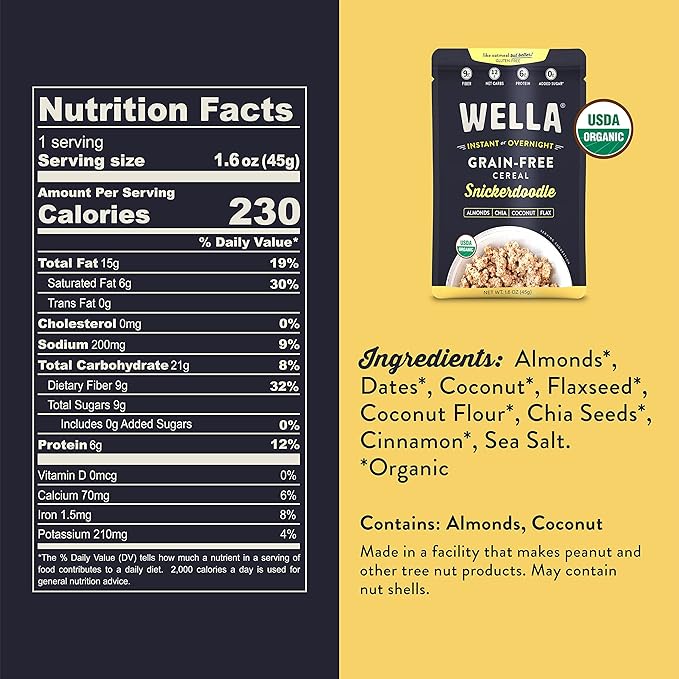 Wella Cereal Oatmeal Alternative, Gluten-Free Breakfast Hot Cereal, Grain-Free Paleo Organic Vegan High Protein Superfood, Plant-Based Non-GMO, Low in Net Carbs, Single-Serve Packets, Snickerdoodle Flavor (5 Count, 1.6 oz. Packets)