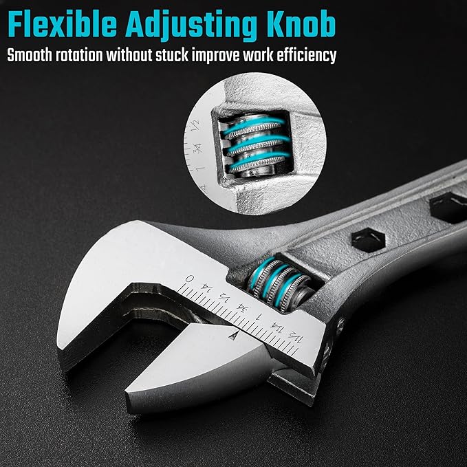 DURATECH 12 Inch Adjustable Wrench, 3-in-1 Spanner with Box End/Hex Function, CR-V Steel, Metric & SAE Scales, Chrome-plated, Bi-material soft Grip