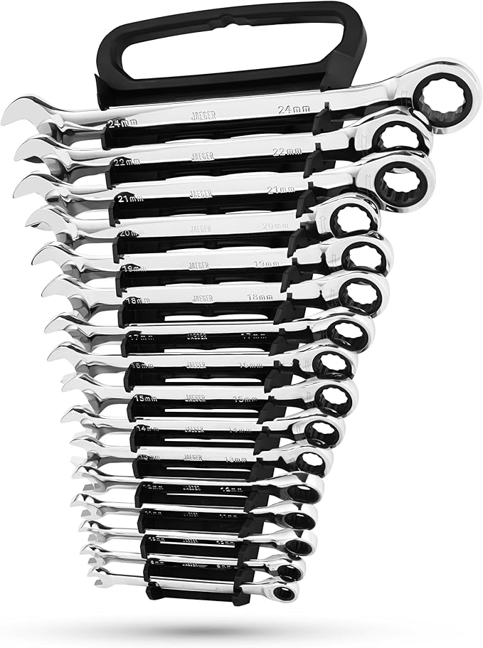 Jaeger 16pc MM/Metric TIGHTSPOT 90-Tooth Ratcheting Combination Wrench Set With Lock-In Rack - Metric SET With Ratchet Speed Wrenches And A Lock-In Rack Case