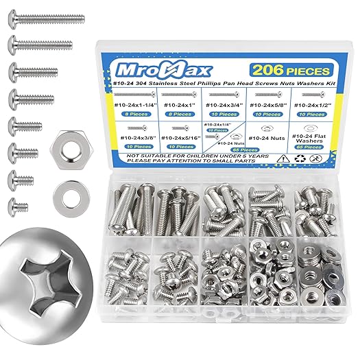 206Pcs #10-24 Pan Head Machine Screws Nuts Washers Assortment Kit, 1/4 to 1-1/4 inch Long Machine Screws, 304 Stainless Steel Screw Assorted Kit for Household Repairs, UNC Full Thread Phillips Drive