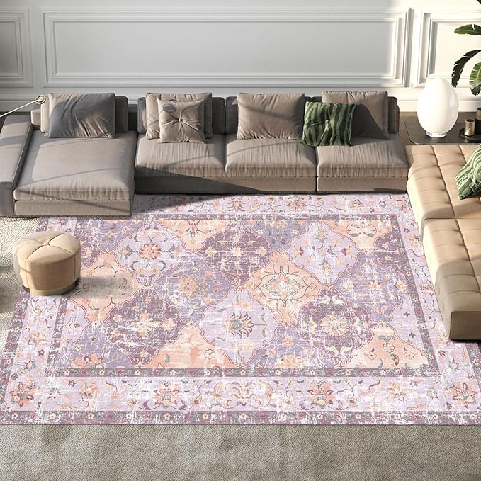 Washable Boho Vintage Purple Area Rugs 8×10 Traditional Mauve Large Carpert for Girls' Room Nursery Living Room Bedroom Dining Room Farmhouse Non-Slip