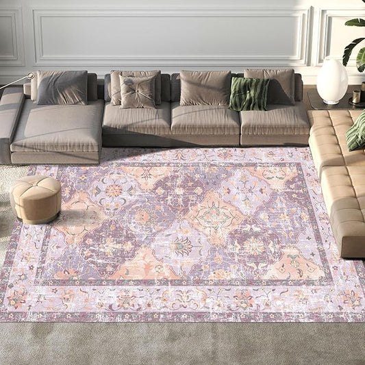 Washable Boho Vintage Purple Area Rugs 8×10 Traditional Mauve Large Carpert for Girls' Room Nursery Living Room Bedroom Dining Room Farmhouse Non-Slip