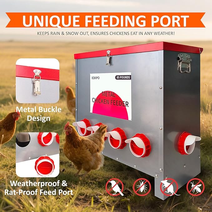 Automatic Metal Poultry Feeder No Waste Large Capacity 85-120LBS Weatherproof Animal-Proof 10-Port for Chickens, Geese, Ducks, Turkeys, Quails