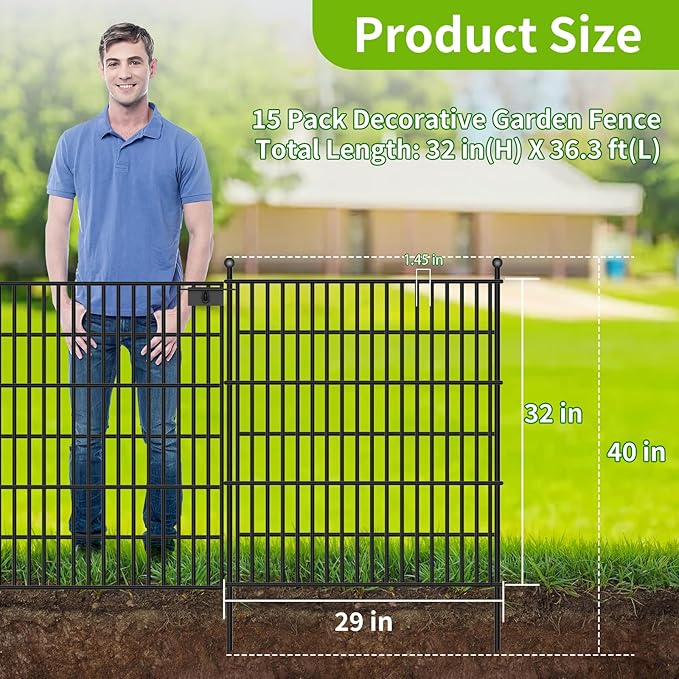 15 Panels No Dig Garden Fence with Gate, 32 in(H) X36.3 ft(L) Metal Fence Panels, Thickened Rustproof Garden Fencing, Animal Barrier Fence for Dogs, Rabbits, and Patio