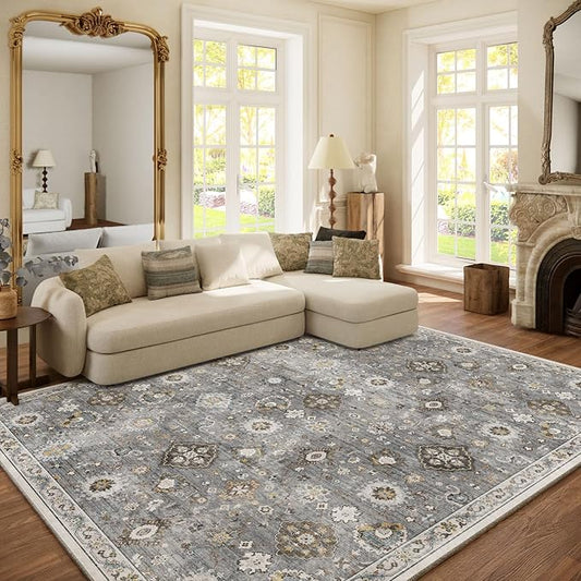 Machine Washable Rug for Living room: 6x9 Area Rugs Boho Vintage Rugs Stain Resistant Non Slip Low Pile Lightweight Soft Carpets for Bedroom Kitchen Dining Room Nursery Kids Room Farmhouse Home Office