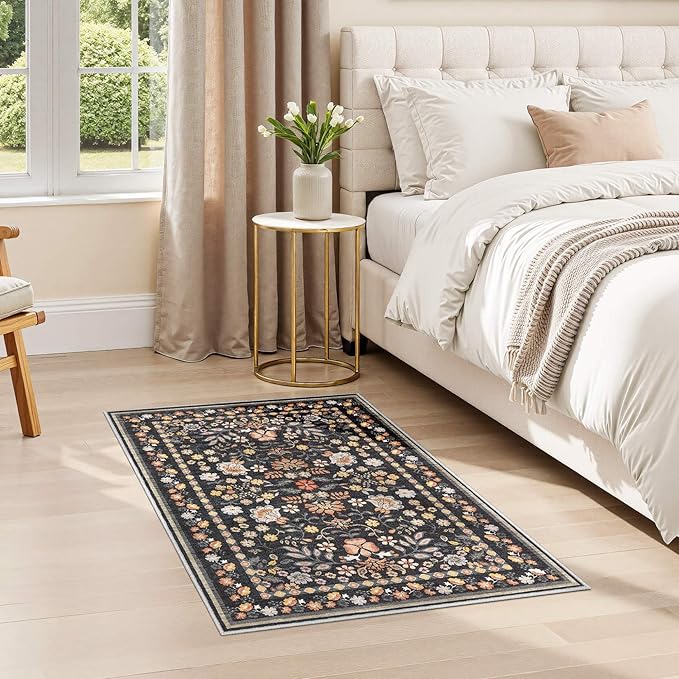 Door Mat Entrance Rug: 2x3 Washable Area Rug Boho Floral Small Rug - Non-Slip Low Pile Throw Indoor Carpet for Entryway Kitchen Front Door Bathroom Entry Kids Room - Black Grey