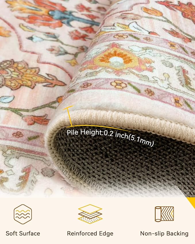 Area Rugs 6'x9' Washable Non-Slip, Floral Vintage Distress Print Pattern Medallion Carpet for Living Room Bedroom Dining Room, Light Pink Colorful