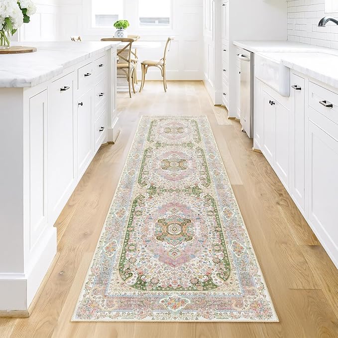 Washable Runner Rug 2x8,Pink Rug Runners Non Slip,Long Boho Rugs for Hallways Kitchen Bedroom Entryway Living Room Bathroom,Vintage Bohemian Distressed Floor Carpet,Blush Green