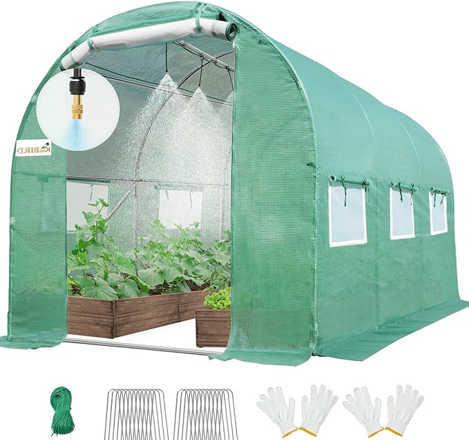 KING BIRD Premium 10x6.6x6.6FT Greenhouse for Outdoors, Large Walk-in Heavy Duty Galvanized Steel Frame, Mesh Door Screen Window Tunnel Hoop Garden Plant Winter Hot House, with Watering Kits, Green