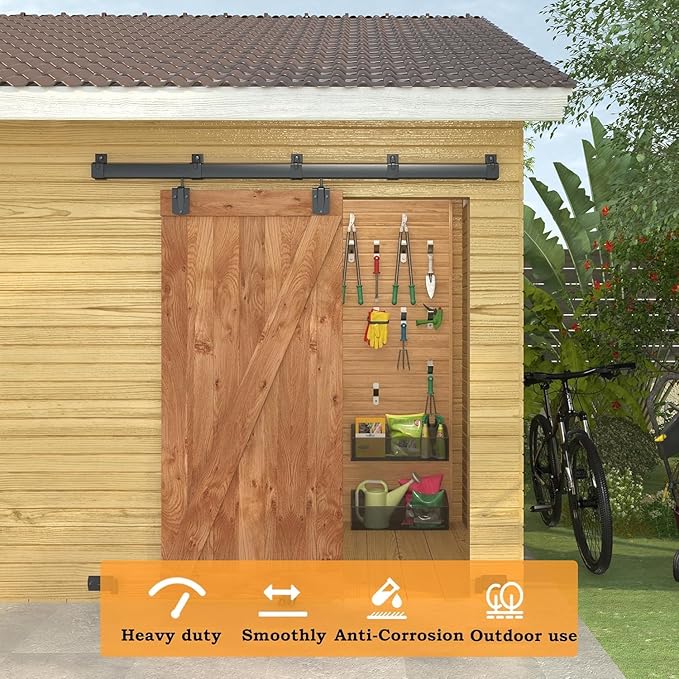 5FT Black Box Rail Exterior Barn Door Hardware Kit, Sliding Heavy Duty Barn Door Track, Wall Mount Barn Door Hardware with 5 Track Brackets(Doors NOT Include）
