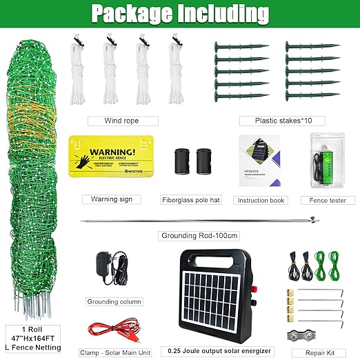 47"x164' Portable Electric Fence Netting All-in-One Solar Kit for Goats, Sheep, Gardens, Beehives, Dogs, and More for Livestock, Farms, Backyards and Ranches