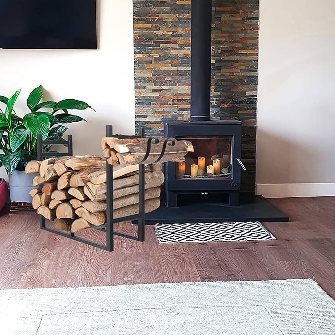 GREEN PARTY Firewood Rack with Kindling Holder, 3ft Heavy Duty Metal Firewood Holder, 30" Tall Indoor/Outdoor Log Rack Wood Holder for Fireplace Kindling Wood Storage and Stove Accessories