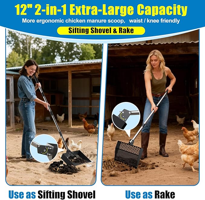 12-Inch 2-in-1 Chicken Poop Scooper & Rake, Chicken Coop Scoop with Adjustable Stainless Steel Handle （24–64"）, 3 Angles & 2 Sifting Holes, Litter Scoop Sand Sifting Shovel Pooper Scooper (Black)