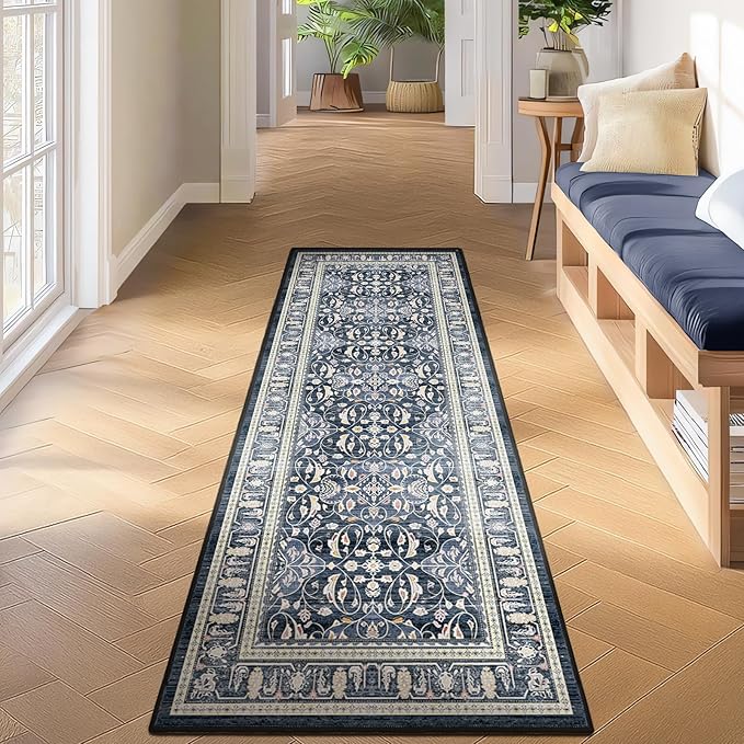 Dark Blue 2x6 Runner Rug for Hallways, Boho Floral Moroccan Trellis Printed Kitchen Bathroom Runner 6ft, Non Slip Washable Low Pile Thin Carpet Runner for Mudroom/Laundry Room/Bedroom Bedside