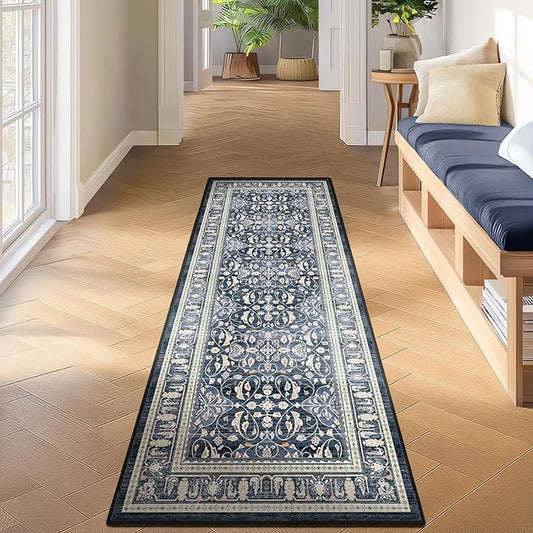 Dark Blue 2x6 Runner Rug for Hallways, Boho Floral Moroccan Trellis Printed Kitchen Bathroom Runner 6ft, Non Slip Washable Low Pile Thin Carpet Runner for Mudroom/Laundry Room/Bedroom Bedside