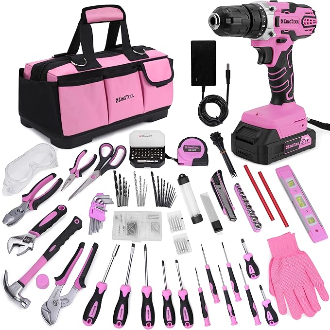 KingTool 267-Piece Tool Kit Set - Pink Tool Set with 21V Crodless Pink Power Drill Driver, Tool kit for Women with Pink Tool Storage Bag, Womens Tool Kit for House, Perfect for Home DIY Projects