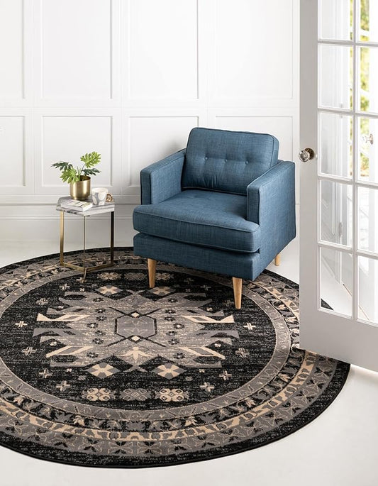 Unique Loom Taftan Collection Border Geometric Tribal Inspired Design Area Rug (8' 0 x 8' 0 Round, Black/ Gray)