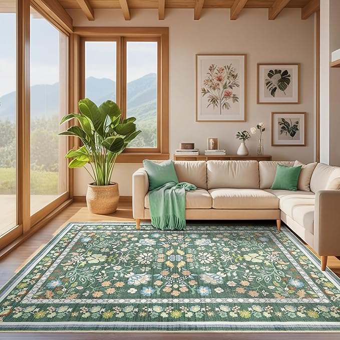 10x12 Area Rug Living Room Rugs - Washable Boho Vintage Floral Large Soft Non Slip Thin Rug Low Pile Carpet for Bedroom Dining Room Kids Playroom Office Decor Indoor- Green