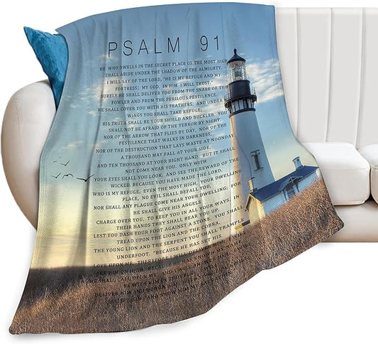 Psalm 91 Blanket Christian Lighthouse Gifts Religious Bible Verse Scripture Throw Blanket Comfy Plush Flannel Fleece Warm Soft Fluffy Fuzzy Blanket for Prayer Women Teens for Bed Sofa Couch 40"X50"