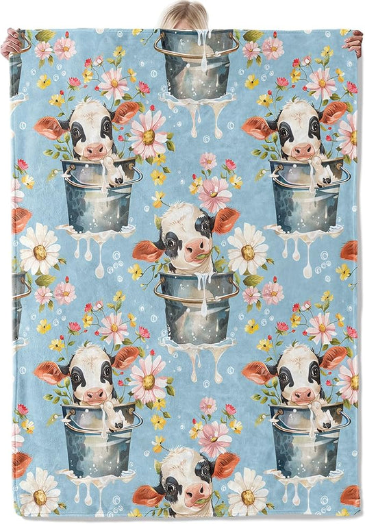 Farmhouse Cow and Daisy Throw Blanket Gifts for Women, Soft Fuzzy Warm Cozy Flannel Blankets for Bedroom, Travel, Couch, Home Decor 60x80 in